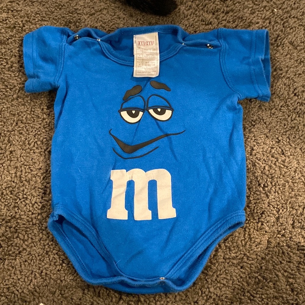 3-6m blue M&M onesie shirt